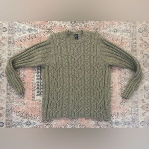 Gap 90s Vintage Olive Green Lambswool Cable Knit Cottage Fisherman Sweater Lrge